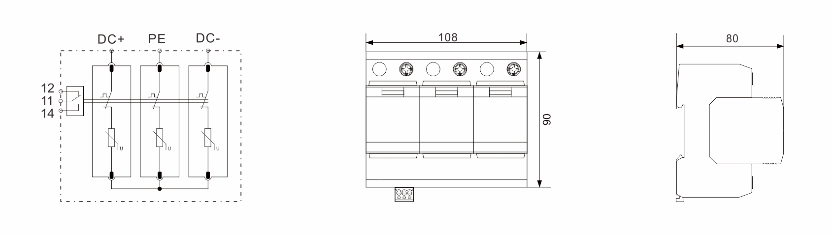 DC surge protective device internal circuit showing GDT and varistor protection modes