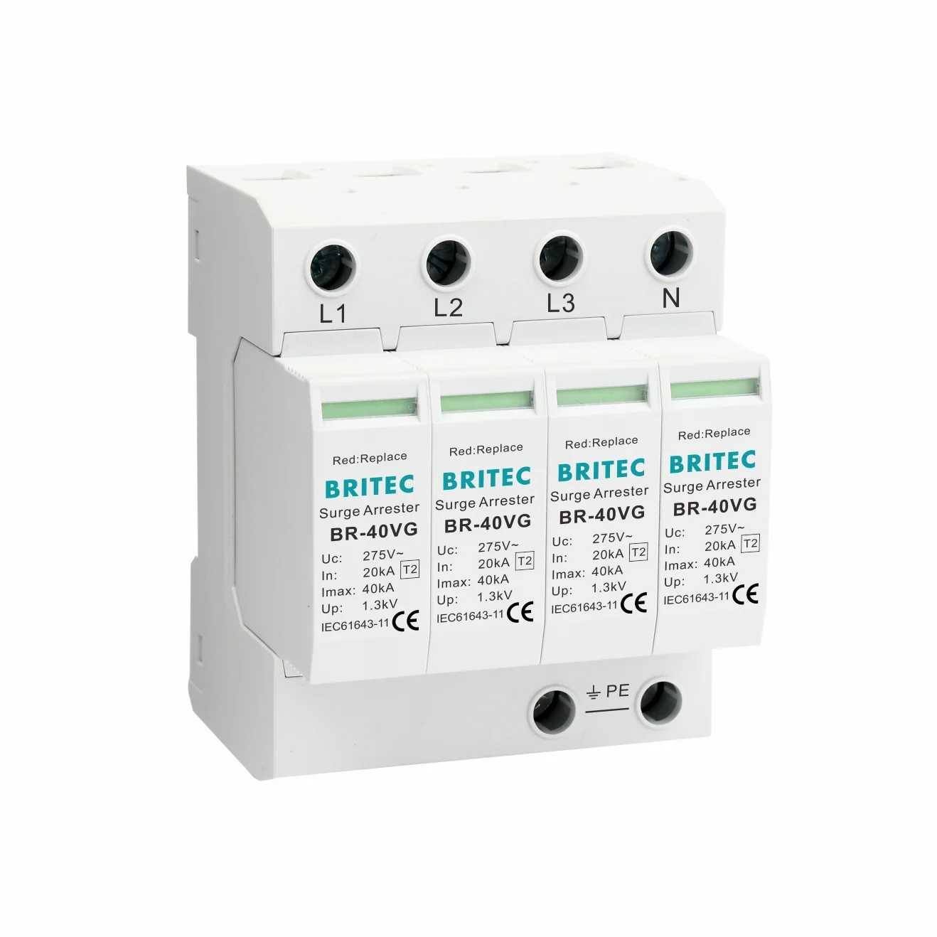BR-40VG 4P Type 2 40kA surge protective device with L1 L2 L3 N terminals on white background