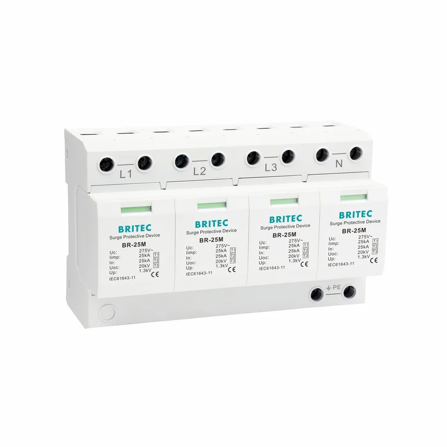 Britec BR-25M 4P Type 1 25kA surge arrester (Class I SPD) on white background for TNS power systems