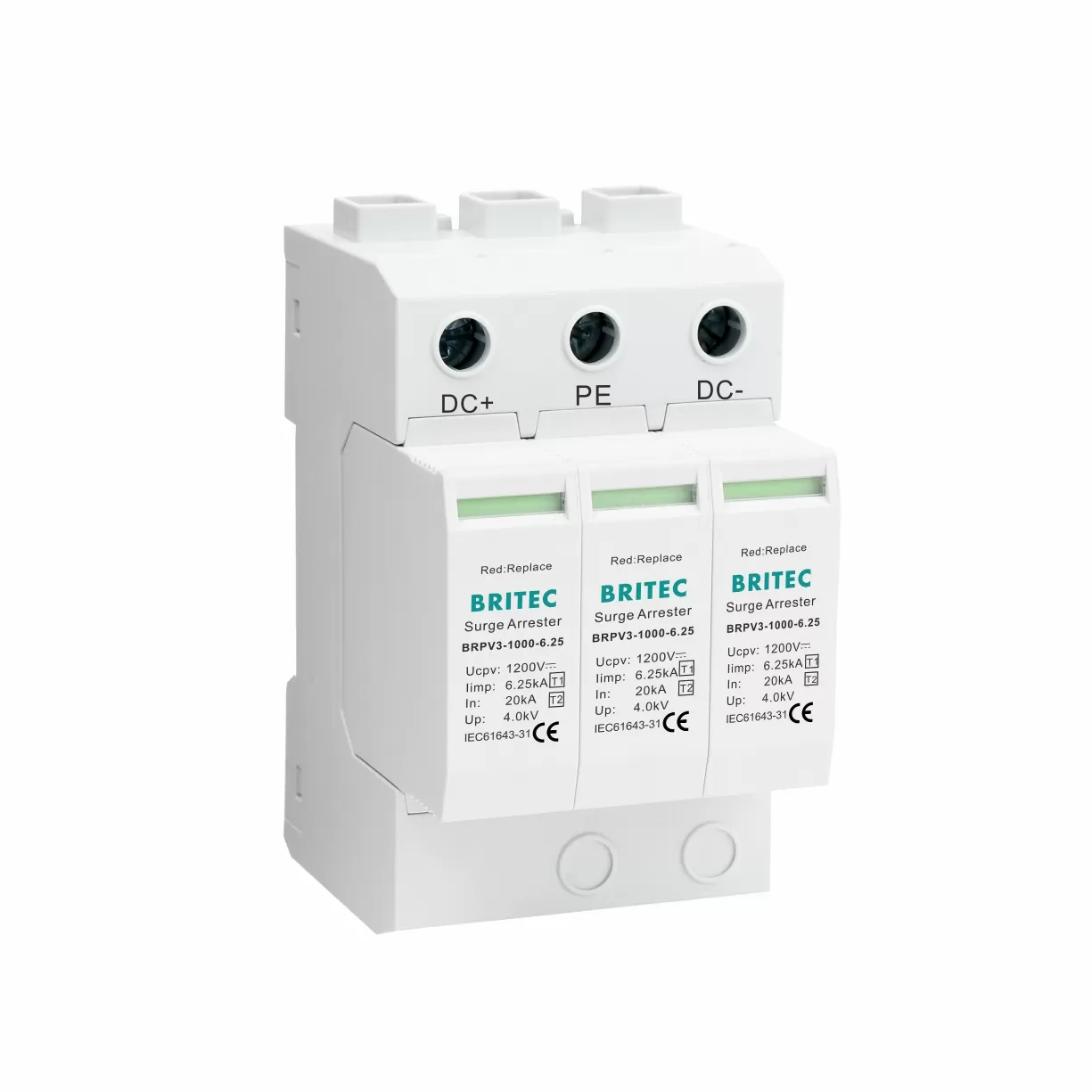 BRPV3-1000-6.25 T1+T2 1200V 6.25kA DC Type 1+2 PV Surge Arrester